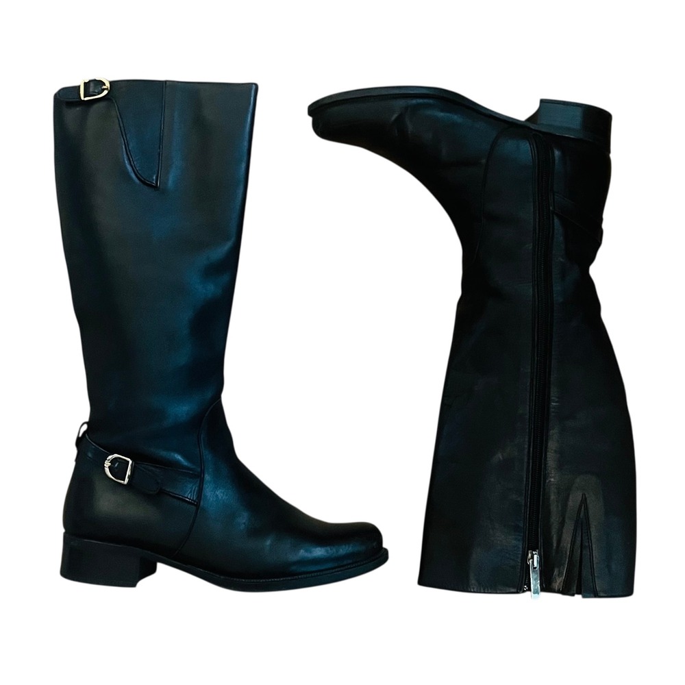 Natalia Blanco Riding Boots Leather Knee High Buckle Detail Black 6.5/37